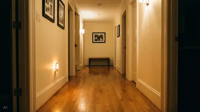 Ein gut ausgeleuchteter Flur mit einem glatten Holzboden ohne lose Teppiche. An der Wand leuchtet ein dezentes Nachtlicht mit Bewegungsmelder, das den Weg weist.
