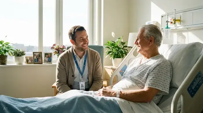 Ein freundlicher Sozialarbeiter im Krankenhaus spricht im Patientenzimmer mit einem älteren Herrn im Krankenhausbett. Helle Umgebung, professionelle und empathische Stimmung.