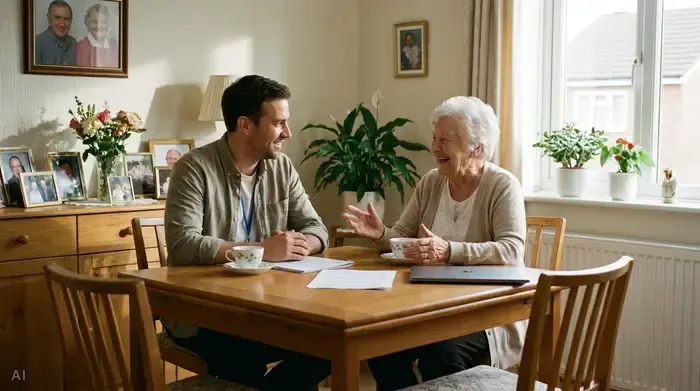 Ein medizinischer Gutachter sitzt am Esstisch einer Seniorenwohnung und unterhält sich freundlich mit einer älteren Dame. Aufgeräumtes Zimmer, entspannte und vertrauensvolle Gesprächssituation.