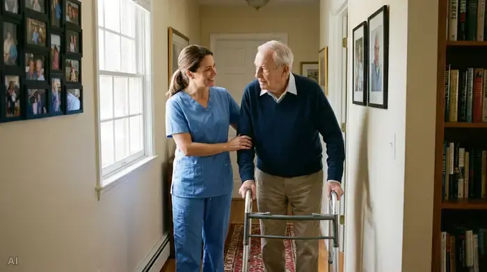 Eine professionelle Pflegekraft in blauer Berufskleidung stützt einen älteren Mann sanft beim Gehen mit einem Rollator im heimischen Flur. Vertrauensvolle, unterstützende und sichere Szene.