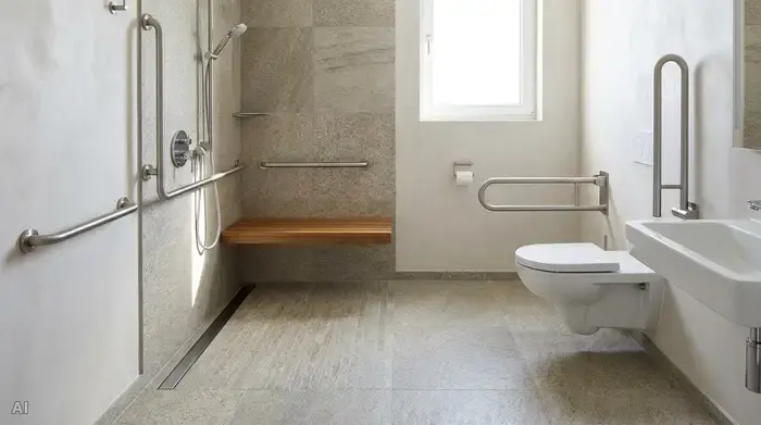 Ein modern eingerichtetes, barrierefreies Badezimmer mit einer großzügigen, bodengleichen Dusche, rutschfesten Fliesen und stabilen Haltegriffen an der hellen Wand. Saubere und sichere Umgebung.