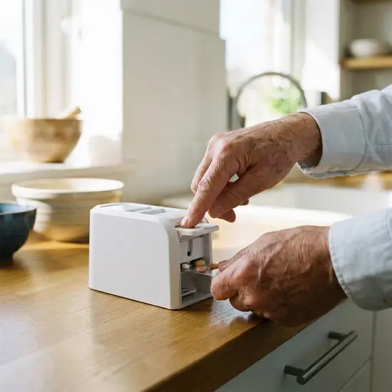 Nahaufnahme der Hände eines älteren Mannes, der einen modernen Tablettenausdrücker aus weißem Kunststoff bedient. Die Hände drücken den Hebel sanft nach unten, der Hintergrund ist eine aufgeräumte, helle Küche.