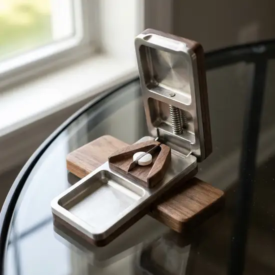 Ein eleganter, aufklappbarer Tablettenteiler auf einem gläsernen Tisch, in dem eine kleine weiße Pille exakt in der Mitte liegt. Die Szene ist hell und fokussiert sich auf das clevere Design des Hilfsmittels.
