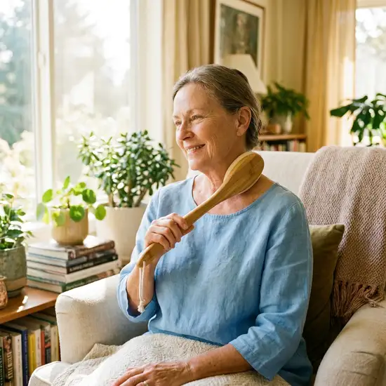 Eine Seniorin nutzt eine ergonomische Eincremehilfe mit langem, gebogenem Stiel, um entspannt ihren Nacken zu erreichen. Sie trägt ein bequemes, helles Oberteil und sitzt auf einem gemütlichen Sessel in einem sonnigen Wohnzimmer.