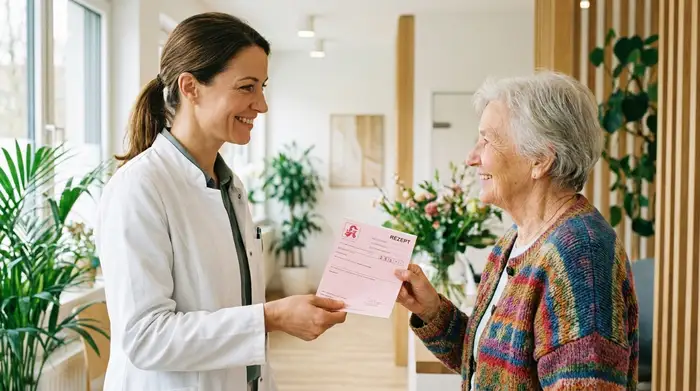 Ein freundlicher Arzt im weißen Kittel überreicht einer älteren Patientin ein rosafarbenes Rezeptdokument in einer hellen, modernen Praxis. Beide lächeln, die Atmosphäre ist vertrauensvoll und beruhigend.