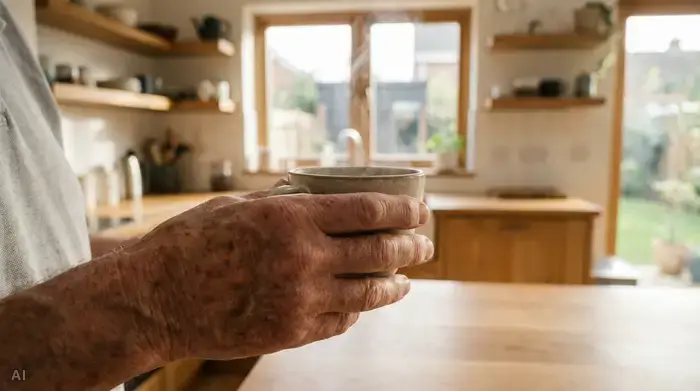 Nahaufnahme der Hände eines älteren Mannes, der behutsam eine warme Kaffeetasse hält. Die Hände zeigen leichte Zeichen des Alters, die Umgebung ist eine saubere, moderne Holzküche im sanften Morgenlicht.