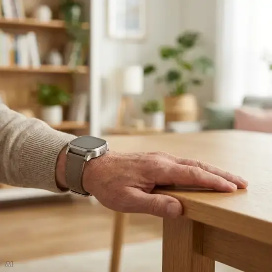 Ein moderner, diskreter Hausnotruf-Knopf am Handgelenk eines Senioren. Die Person stützt sich leicht auf eine saubere Tischkante, im Hintergrund sieht man unscharf ein freundliches, aufgeräumtes Wohnzimmer.