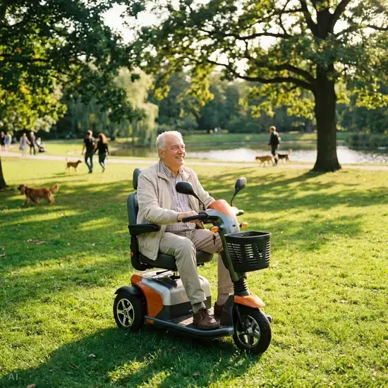 Ein gepflegter, freundlicher Senior fährt mit einem modernen Elektromobil durch einen sonnigen, grünen Park. Er trägt eine leichte Jacke und genießt sichtlich die frische Luft in der Natur.