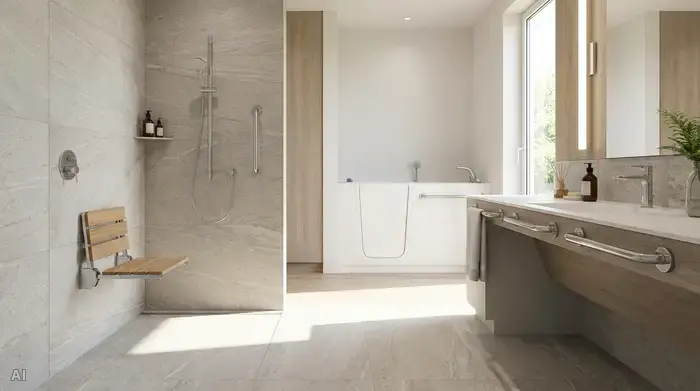 Ein helles, modernes und barrierefreies Badezimmer mit einer bodengleichen Dusche und rutschfesten Fliesen. Ein eleganter Duschklappsitz ist an der Wand montiert. Sauberes, klares Design ohne jeglichen Text.