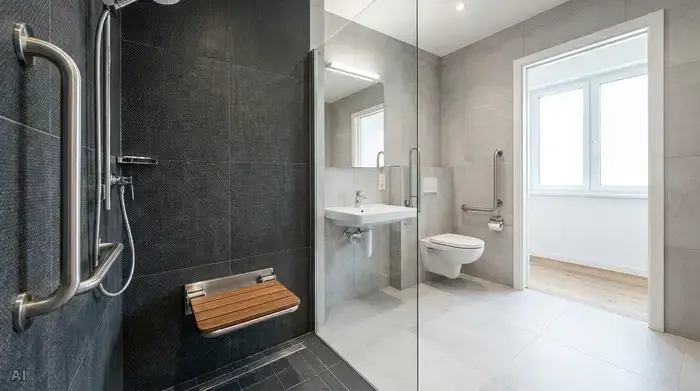 Ein modernes, barrierefreies Badezimmer mit einer ebenerdigen Dusche. Die Dusche verfügt über rutschfeste, anthrazitfarbene Fliesen und einen eleganten, an der Wand montierten Klappsitz. Ein sicherer Haltegriff aus gebürstetem Edelstahl ist gut sichtbar.