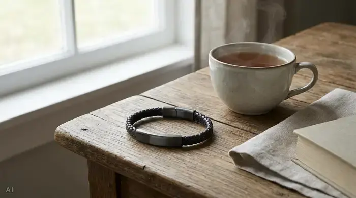 Ein eleganter, unauffälliger Hausnotruf-Sender in Form eines modernen Armbands, das sanft auf einem Holztisch neben einer Tasse Tee liegt. Das Design ist schlicht und stilvoll, ohne medizinisch zu wirken.