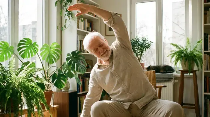 Ein älterer Mann macht leichte, geführte Dehnübungen im Sitzen in einem sonnendurchfluteten Wohnzimmer. Er wirkt konzentriert und vital. Im Hintergrund stehen frische grüne Pflanzen.
