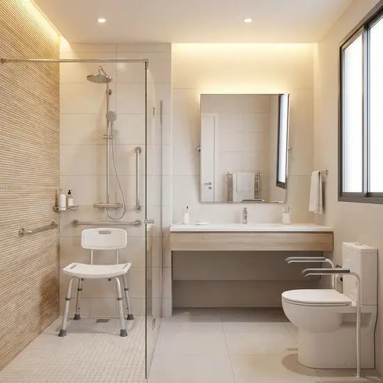 Ein modern ausgestattetes, barrierefreies Badezimmer für Senioren. Eine bodengleiche Dusche mit einem stabilen, weißen Duschhocker und fest montierten Haltegriffen an den hellen Fliesenwänden.