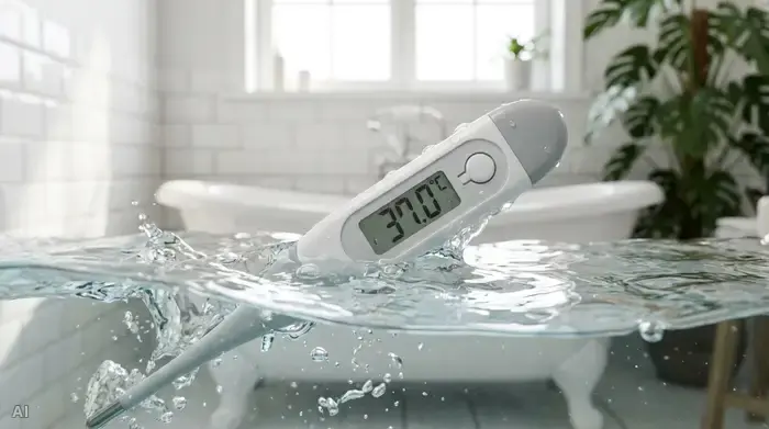 Nahaufnahme eines digitalen Badethermometers, das genau 37 Grad Celsius im klaren, fließenden Wasser anzeigt. Helles, sauberes Badezimmerambiente im Hintergrund, keine Schriftzüge.
