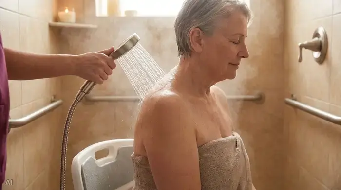 Ein weicher, sanfter Wasserstrahl aus einer modernen Handbrause fließt über die Schulter eines älteren Menschen, wobei die obere Brustpartie ausgespart bleibt. Entspannende und sichere Pflegesituation.