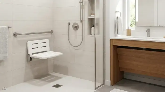 Ein sicheres, barrierefreies Badezimmer mit einer bodengleichen, begehbaren Dusche. Ein stabiler, weißer Duschklappsitz ist an der hellen Fliesenwand montiert, daneben ein rutschfester Haltegriff aus Edelstahl. Modern und seniorengerecht.