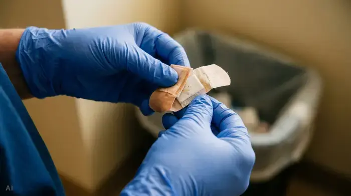 Eine professionelle Pflegekraft faltet behutsam ein gebrauchtes Pflaster zusammen, um es sicher zu entsorgen. Der Fokus liegt auf den Händen und der sorgfältigen, bewussten Bewegung.