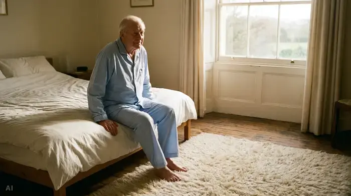 Ein älterer Herr sitzt morgens ruhig auf der Bettkante in einem hellen Schlafzimmer und stützt sich mit beiden Händen ab. Er trägt einen komfortablen Pyjama. Ein flauschiger Teppich liegt rutschfest auf dem Holzboden. Sanftes Morgenlicht, realistische Fotografie.