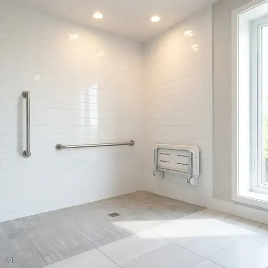 Ein modernes, barrierefreies Badezimmer mit einer bodengleichen Dusche. An der hell gefliesten Wand ist ein stabiler, metallener Haltegriff montiert. Ein klappbarer Duschsitz ist an der Wand befestigt. Sauber, hell erleuchtet, ohne Menschen, realistische Darstellung.