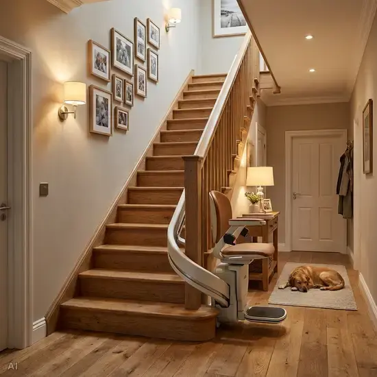 Eine gut beleuchtete Holztreppe in einem gemütlichen Einfamilienhaus. An der Seite der Treppe ist ein moderner, eleganter Treppenlift installiert. Der Sitz ist platzsparend eingeklappt. Warme Beleuchtung, aufgeräumte Umgebung, fotorealistisch.