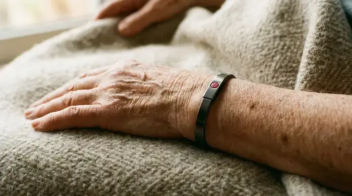 Nahaufnahme des Handgelenks einer älteren Person, die ein unauffälliges, modernes Hausnotruf-Armband mit einem roten Knopf trägt. Die Hand ruht entspannt auf einer weichen Wolldecke. Gemütliches Licht, feine Details der Haut und des Stoffes, realistisch.