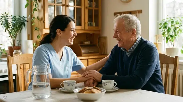 Eine freundliche Pflegekraft in hellblauer Berufskleidung unterhält sich lächelnd mit einem Senior am Küchentisch. Auf dem Tisch stehen Teetassen und eine Karaffe Wasser. Helle, freundliche Küche, vertrauensvolle Atmosphäre, realistische Fotografie.