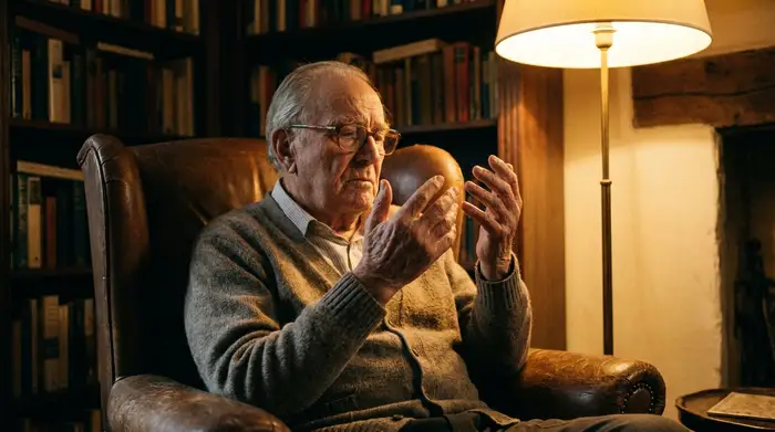Ein älterer Herr mit Lesebrille sitzt in einem gemütlichen Sessel und betrachtet nachdenklich seine Hände. Warme, weiche Beleuchtung und ein fokussierter Blick.