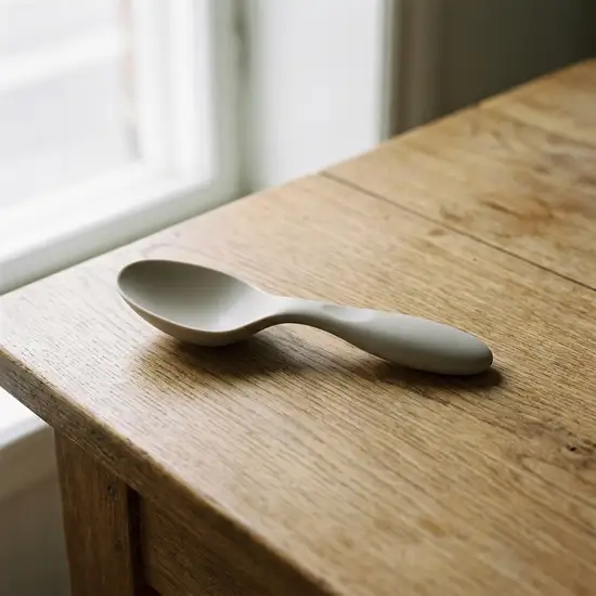 Ein ergonomisch geformter, breiter Dosierlöffel aus hochwertigem Kunststoff ruht sicher auf einem sauberen Holztisch. Eine ruhige, klare Szene ohne Text.