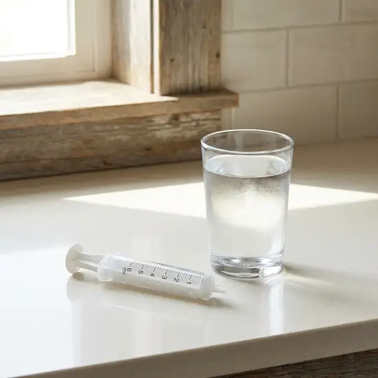 Eine saubere, weiße Dosierspritze ohne Nadel liegt neben einem frischen Glas Wasser auf einer hellen Küchenzeile.