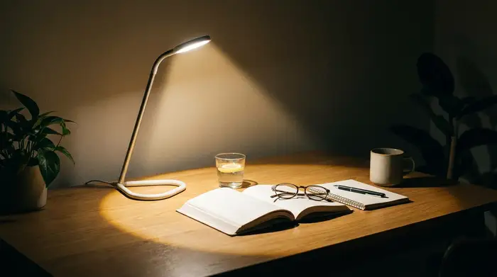 Eine aufgeräumte Tischplatte mit einer hellen, fokussierten LED-Leselampe, die einen kleinen Bereich perfekt ausleuchtet. Ein kleines Wasserglas steht bereit.