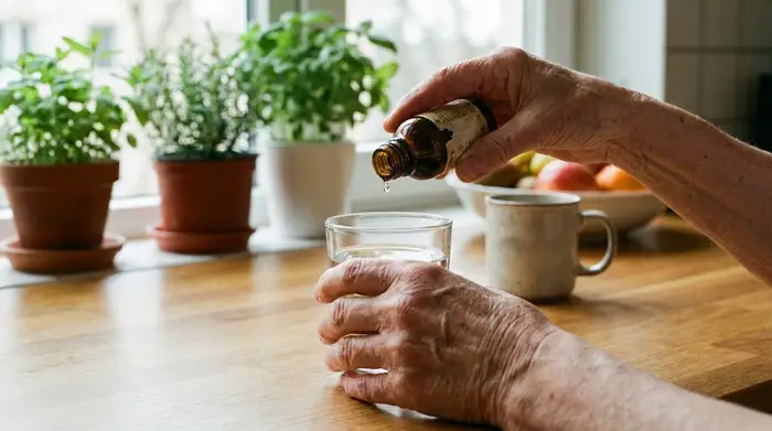 Nahaufnahme der zittrigen Hände einer älteren Dame, die versucht, aus einer kleinen Glasflasche vorsichtig Tropfen in ein Wasserglas zu zählen, auf einem aufgeräumten Küchentisch.