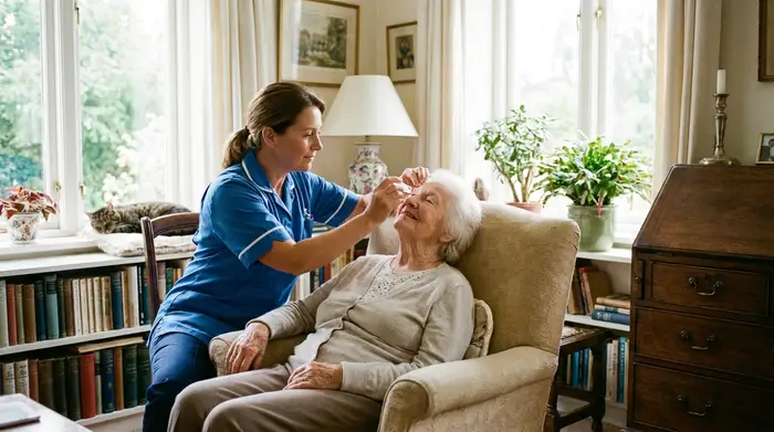 Eine erfahrene Pflegekraft verabreicht einer entspannten Seniorin sanft Augentropfen. Die Seniorin lehnt den Kopf leicht zurück, das Wohnzimmer ist lichtdurchflutet.