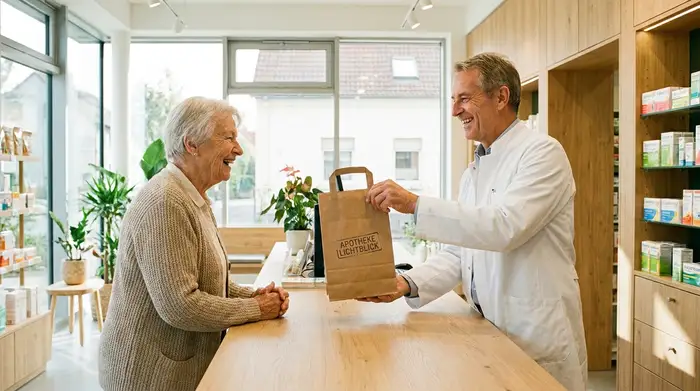 Ein freundlicher Apotheker in einem weißen Kittel überreicht einer älteren Kundin lächelnd eine Papiertüte über den hellen Holztresen einer modernen, lichtdurchfluteten Apotheke.