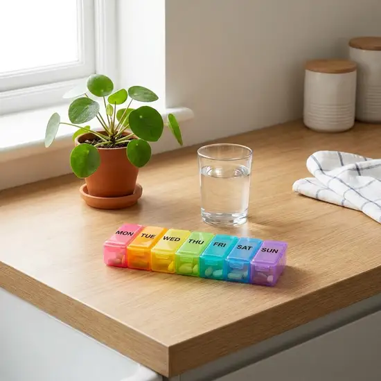 Eine aufgeräumte Küchenarbeitsplatte mit einer bunten, übersichtlichen Tablettenbox für sieben Tage, daneben steht ein Glas frisches Wasser und eine kleine grüne Zimmerpflanze.