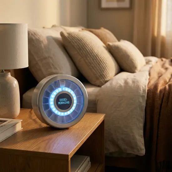 Ein moderner, runder elektronischer Medikamentenspender leuchtet sanft blau auf einem Nachttisch aus Eichenholz, im unscharfen Hintergrund ein gemütliches, gemachtes Bett.