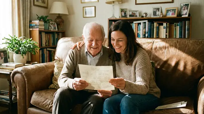Eine erwachsene Tochter sitzt liebevoll neben ihrem älteren Vater auf einem bequemen Sofa, beide schauen gemeinsam und entspannt auf ein Blatt Papier in ihren Händen.