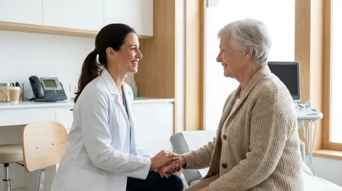 Eine einfühlsame Ärztin im weißen Kittel sitzt im Sprechzimmer einer modernen Praxis und spricht beruhigend mit einer älteren Patientin. Beide lächeln sich vertrauensvoll an.