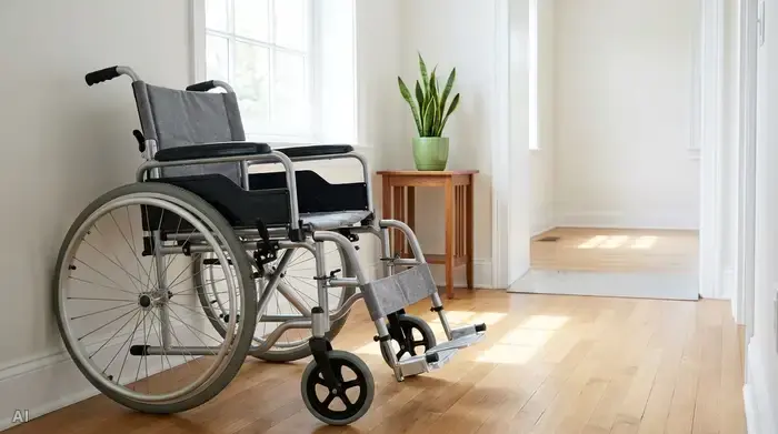 Ein moderner, sauberer Rollstuhl steht einsatzbereit in einem hellen, barrierefreien Flur eines gemütlichen Zuhauses. Eine kleine grüne Zimmerpflanze steht im Hintergrund auf einem Tischchen.