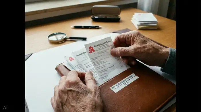 Eine Nahaufnahme von Händen einer älteren Person, die sorgfältig verschiedene Apothekenquittungen in eine ordentliche Mappe einsortiert. Ein aufgeräumter Schreibtisch im Hintergrund.