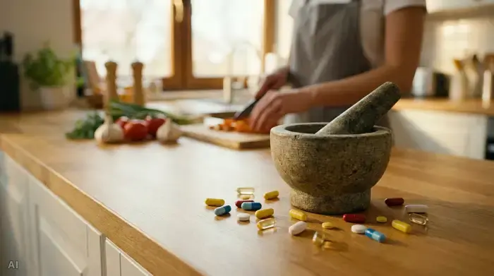 Ein altmodischer Mörser aus Stein steht auf einer sauberen Küchenarbeitsplatte, daneben liegen einige unversehrte, verschiedenfarbige Kapseln und Filmtabletten. Eine unscharfe Person im Hintergrund bereitet eine Mahlzeit vor. Die Szene ist realistisch, gut ausgeleuchtet und fokussiert auf die Medikamente.