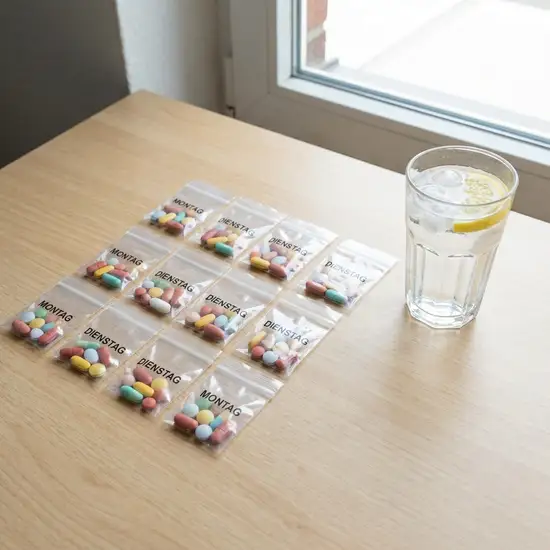 Kleine, transparente Tütchen mit bunten Tabletten, ordentlich aufgereiht auf einem hellen Holztisch, daneben steht ein frisches Glas Wasser.