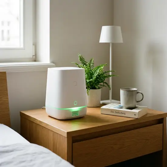 Ein eleganter, weißer elektronischer Tablettenspender steht auf einem aufgeräumten Nachttisch aus Holz, ein kleines grünes Licht leuchtet sanft auf.