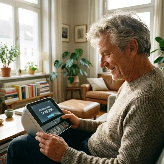Ein älterer Mann mit grauem Haar betrachtet konzentriert, aber sichtlich entspannt seinen modernen Tablettenspender im sonnendurchfluteten Wohnzimmer.