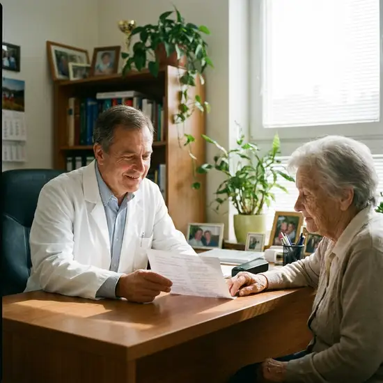 Ein einfühlsamer Arzt in weißem Kittel sitzt am Schreibtisch seiner Praxis und bespricht freundlich ein Dokument mit einer älteren Patientin.