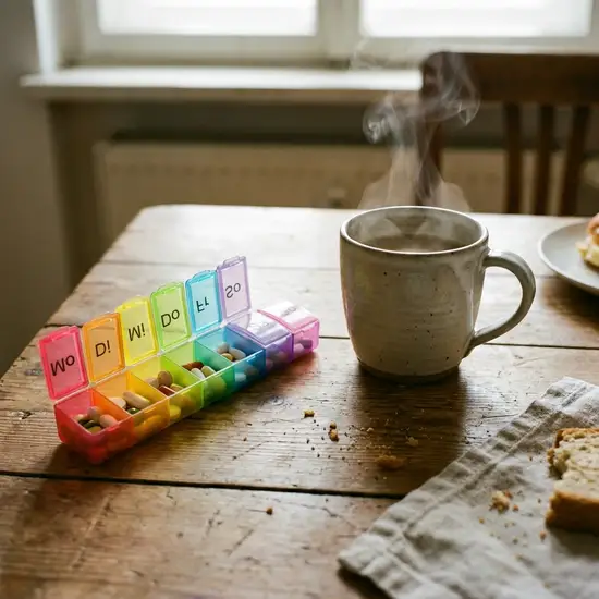 Eine einfache, bunte Plastik-Pillenbox für sieben Tage liegt neben einer dampfenden Kaffeetasse auf einem rustikalen Frühstückstisch.