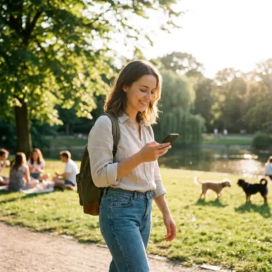 Eine junge Frau schaut entspannt und lächelnd auf ihr Smartphone, während sie an einem sonnigen Tag im Park spazieren geht.