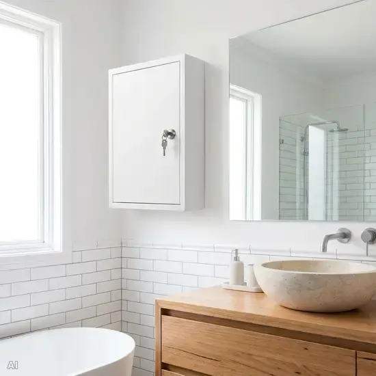 Ein an der Wand montierter, weißer, geschlossener Medikamentenschrank in einem sauberen Badezimmer. Der Schrank hat ein robustes, metallenes Schloss. Realistische Belichtung, aufgeräumte Umgebung ohne sichtbare Etiketten.