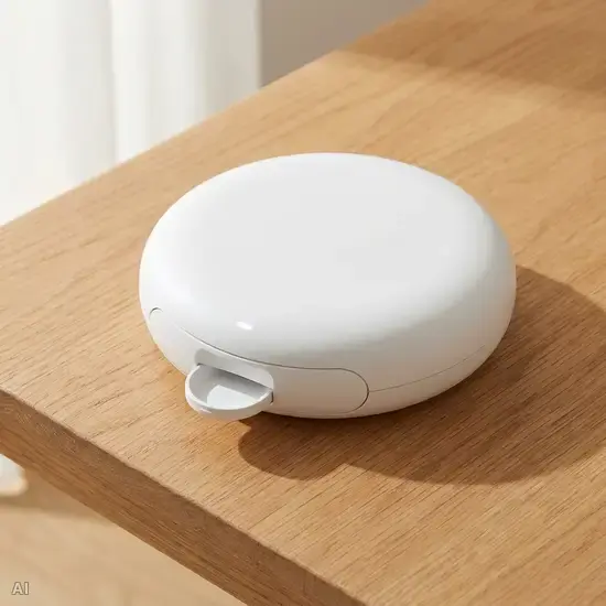 Ein runder, moderner, elektronischer Medikamentenspender aus weißem Kunststoff steht auf einem Holztisch. Das Gerät ist geschlossen, nur ein kleines Fach ist sichtbar. Minimalistisches und sauberes Design.