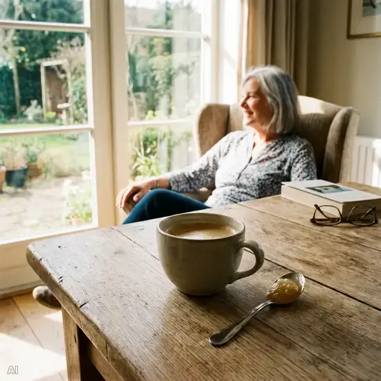 Eine Tasse Kaffee und ein kleiner Löffel mit etwas Apfelmus auf einem schönen Holztisch. Daneben sitzt eine ältere Dame im Hintergrund, die entspannt aus dem Fenster schaut. Ruhige und friedliche Morgenstimmung.