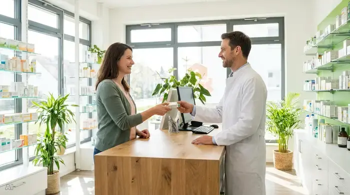 Ein freundlicher Apotheker im weißen Kittel überreicht einer Kundin über den Tresen ein kleines Päckchen. Die Apotheke ist hell, modern und professionell eingerichtet. Die Szene strahlt Vertrauen aus.